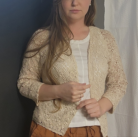 Vintage April Comell Cream Crochet Floral Cardigan L - Picture 7 of 7